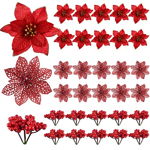 TUPARKA 30 Pcs Artificial Red Christmas Poinsettia Flowers and Holly Berries for Christmas Tree Ornaments Decorations, Christmas Flowers Wreath Decorations Holiday Seasonal Crafts Supplies - Thumbnail 7