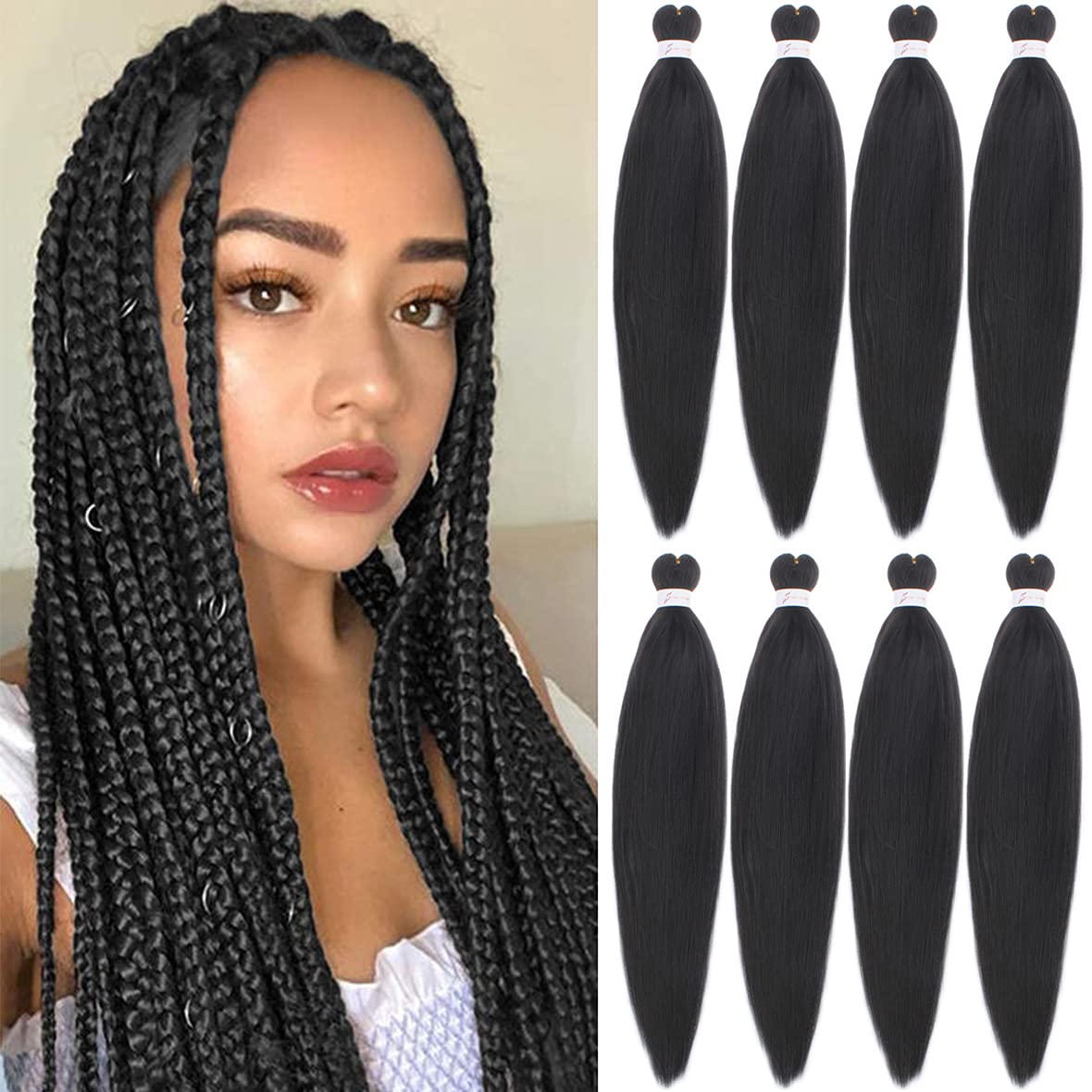 Leeven EZ Braids 8 Packs Pre Stretched Braiding Hair Natural Black Crochet EZ Braids Hot Water Setting Kanekalon Hair Fiber 26'' Yaki Texture Black Crochet Braiding Hair Extensions /26 Inch 2#