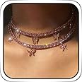 EARENT Rhinestone Butterfly Choker Necklaces Sparkly Crystal Butterfly Chain Necklace Glitter Pink Prom Jewerly for Women(Pink（Pack of 2）)