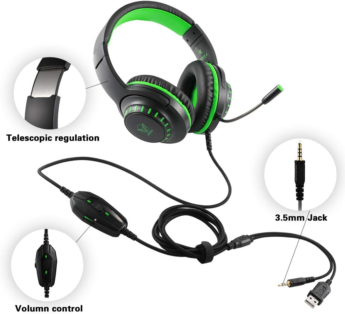 Pacrate Gaming Headset with Microphone for PS4 PC Xbox One Headset Stereo Surround Sound Intense Bass Headphone with LED Light Noice Cancelling for Computer Laptop Mac (Black Green)