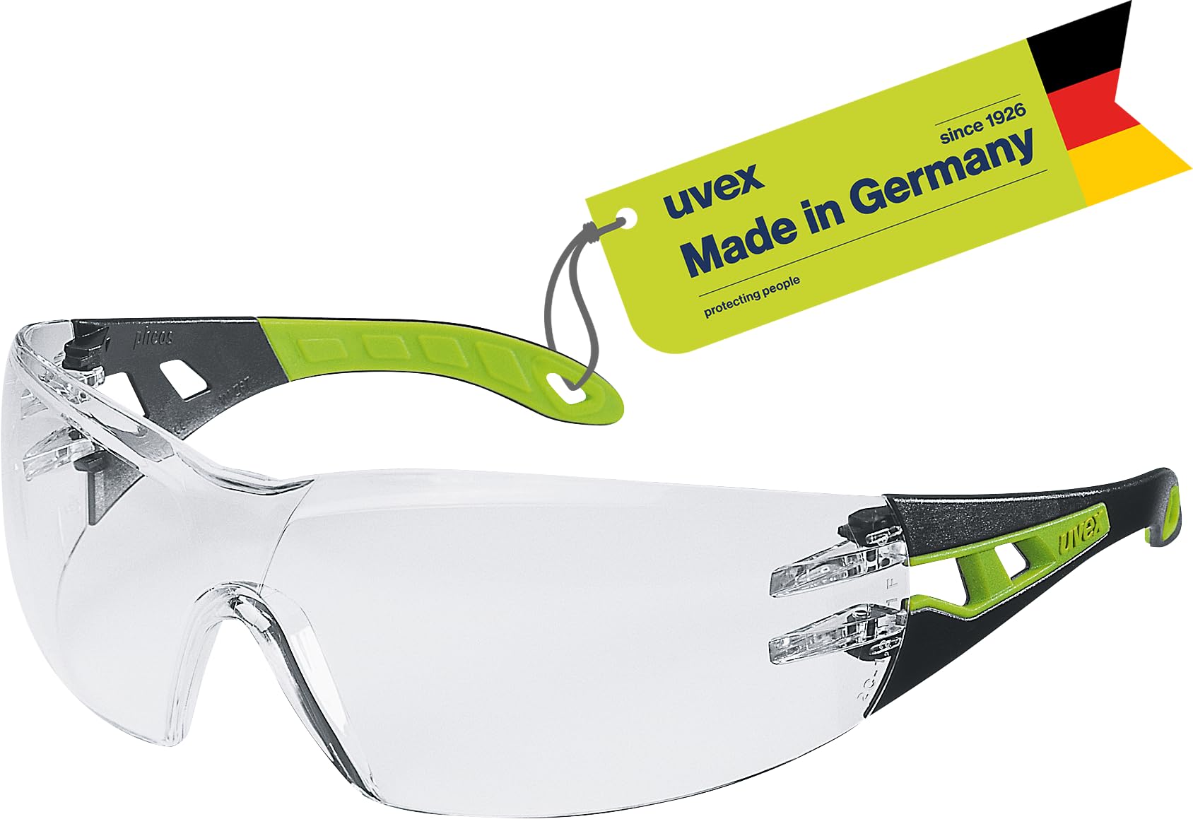 Uvex Pheos - Safety Glasses - Temple Glasses Supravision Excellence Technology - Metal-Free, Anti-Fog & Scratch-Resistant - One Size - Black/Green, Transparent