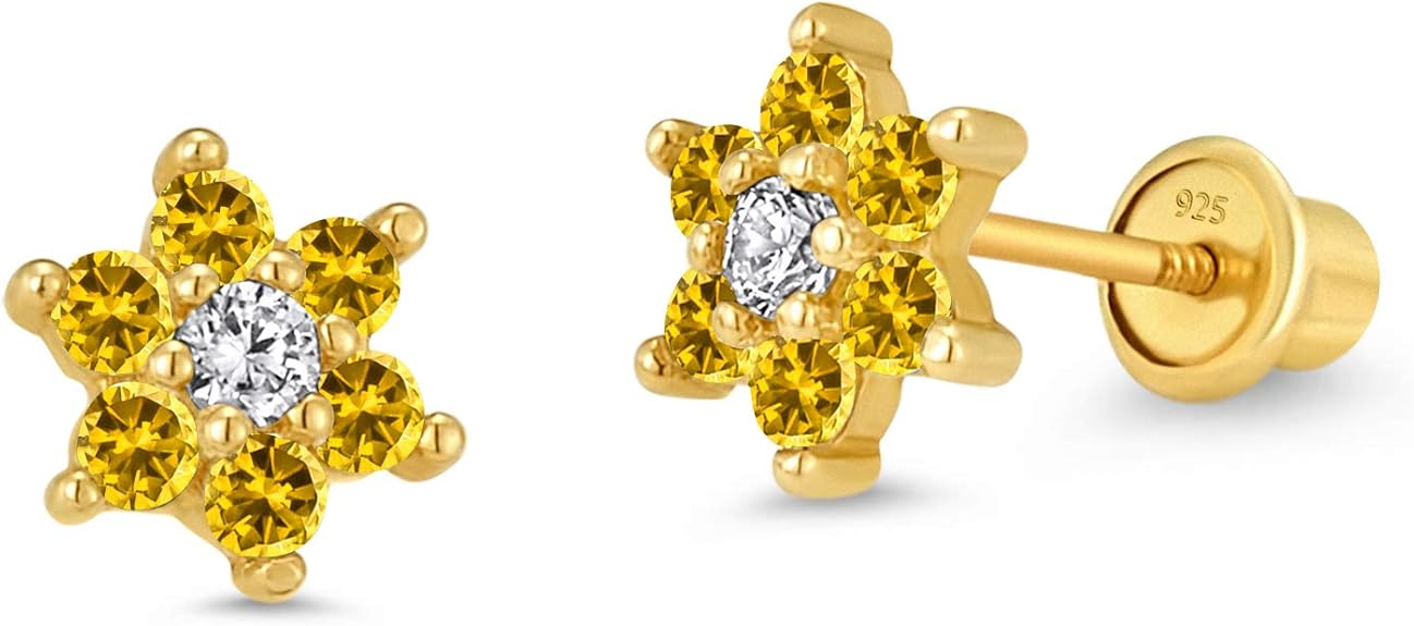 14k Gold Plated Brass Flower Cubic Zirconia Screwback Baby Girls Earrings with