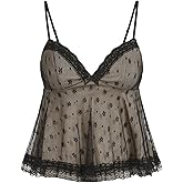 SOLY HUX Women's Y2k Lace Mesh Cami Tops V Neck Spaghetti Strap Ruffle Hem Peplum Camisole Tops Pure Black Large