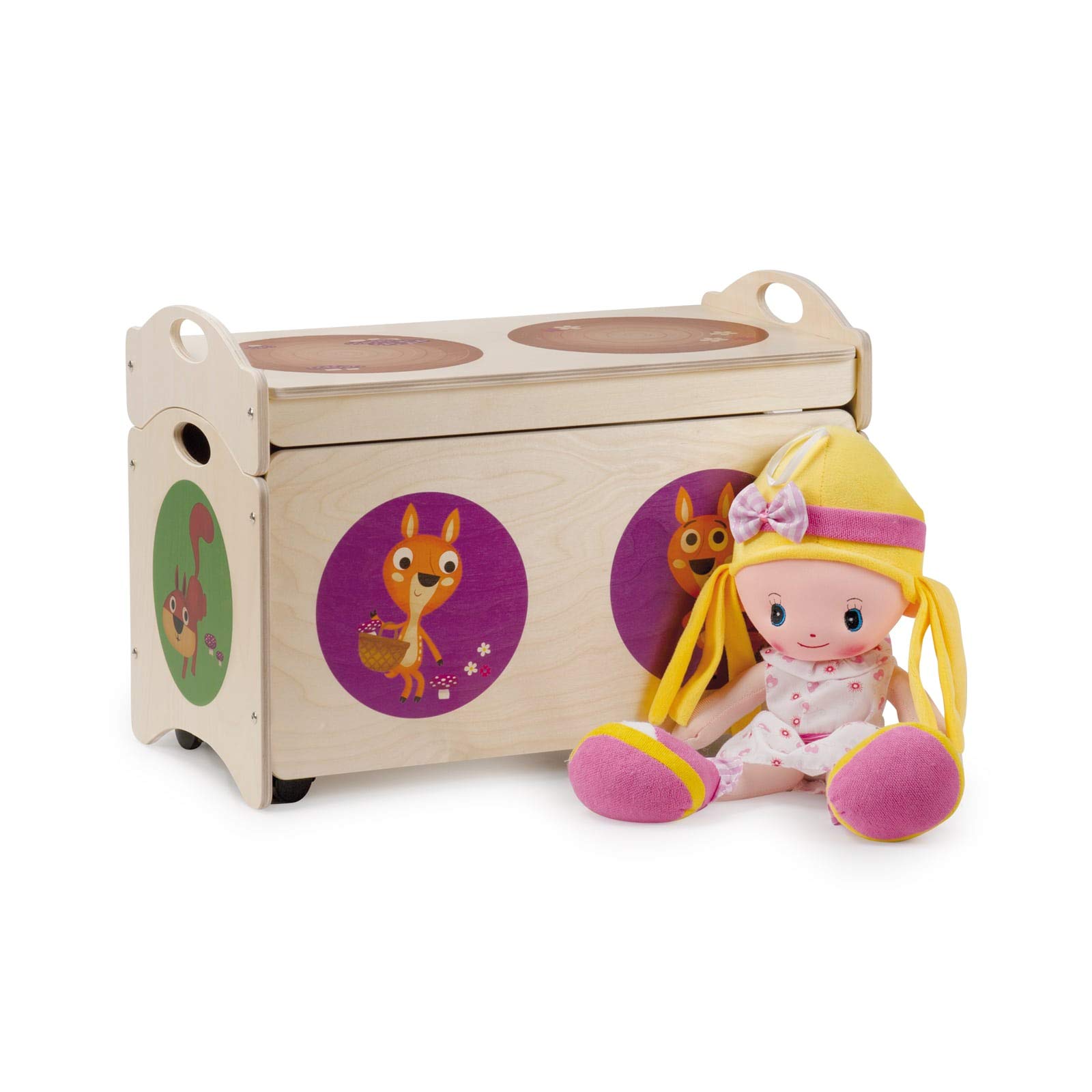 Dida - The Pancotti - Toy Box wooden bench - based container with 4 wheels + cover - decoration: squirrels, deer and deer