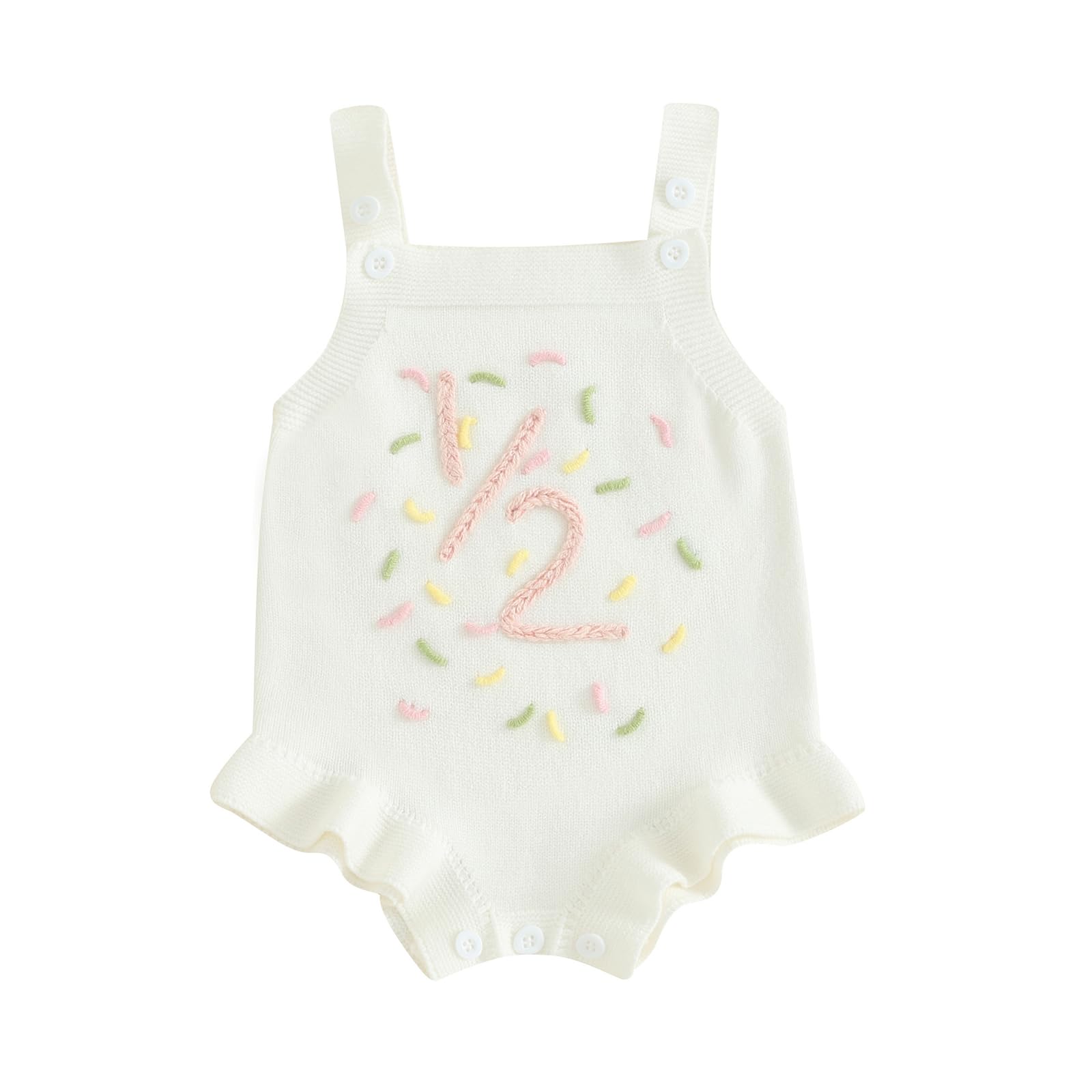 Photo 1 of Frietlebird Half Birthday Outfit Baby Girl Sleeveless Knit Romper Sweet 1/2 Birthday Outfit Cute Infant Summer Clothes Birthday Gift (A-White Half,3-6 Months)