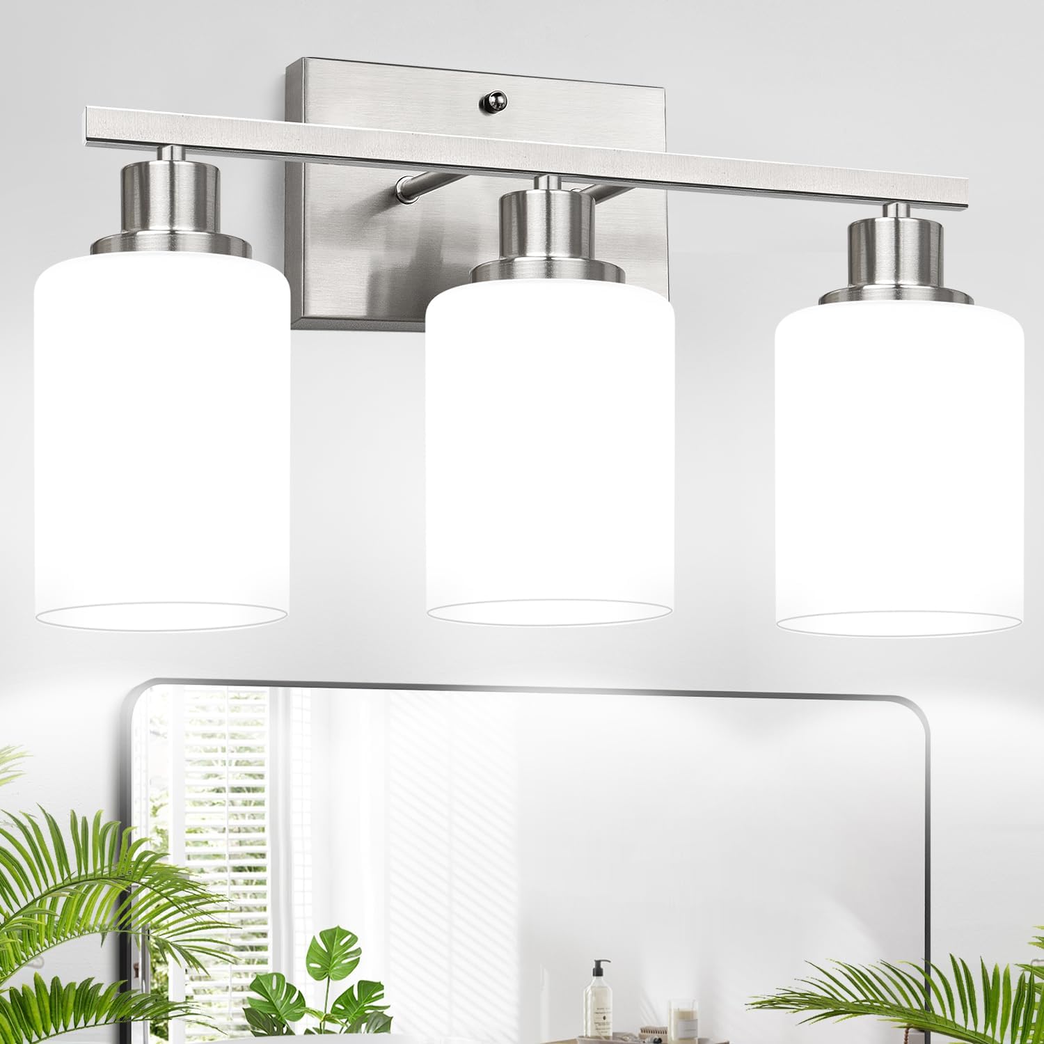 Photo 1 of 3-Light Bathroom Light Fixtures, Brushed Nickel Vanity Light with Milky White Shades, Bathroom Lighting Fixtures Over Mirror, Modern Bathroom Wall Lamp for Mirror Living Room Cabinet Bedroom