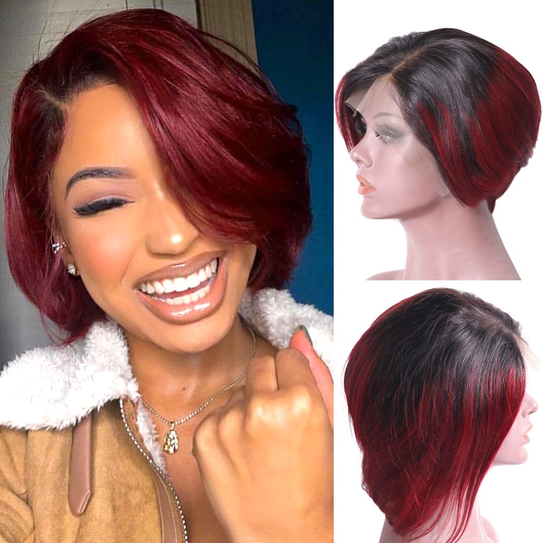 Liwihas 13x4 Lace front Wigs Human Hair Pixie Cut Wigs Short Bob Wigs for Black Women 150% Density Brazilian Virgin Human Hair with Pre Plucked Haircuts Natural Hairline (8inch, 1B-99J)