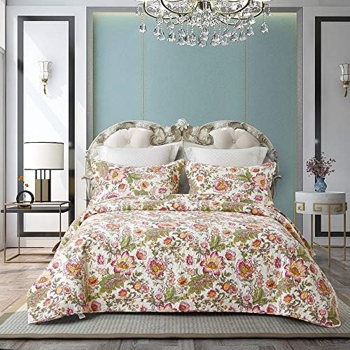 Warmcasa 3 Pieces Set 100% Cotton Bedspread King Size Flower Print Soft Warm Quilted Bedspread Living Room Bed Sheet Sofa Blanket (Flower Print, 230 * 250cm)
