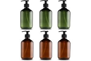 MANSHU 10 oz Pump Bottle Plastic Pump Lotion Dispenser Empty Bottle, Amber and Green 6 Pack, for Shampoo Lotion Body Wash.