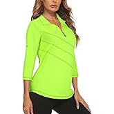 Koscacy Women's 3/4 Roll Sleeve Golf Tennis Polo Shirts UPF50+ Half Zip Dry Fit Workout Tops Athletic Shirt