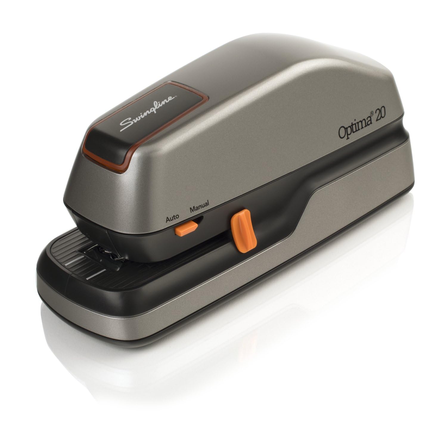 Photo 1 of Swingline Electric Stapler, 20 Sheet Capacity, Optima 20, Jam Free, Auto or Manual, Plug In or Battery, Silver (48208)