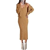 BTFBM Women Fall Knit Sweater Dress Set Bodycon Slit Midi Dresses Button Down Long Sleeve Cropped Cardigan 2 Piece Sets