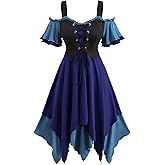 ROSE GAL Women Plus Medieval Renaissance Costume Dress Cold Shoulder Ruffles Layered Lace-up Underbust Corset Dress