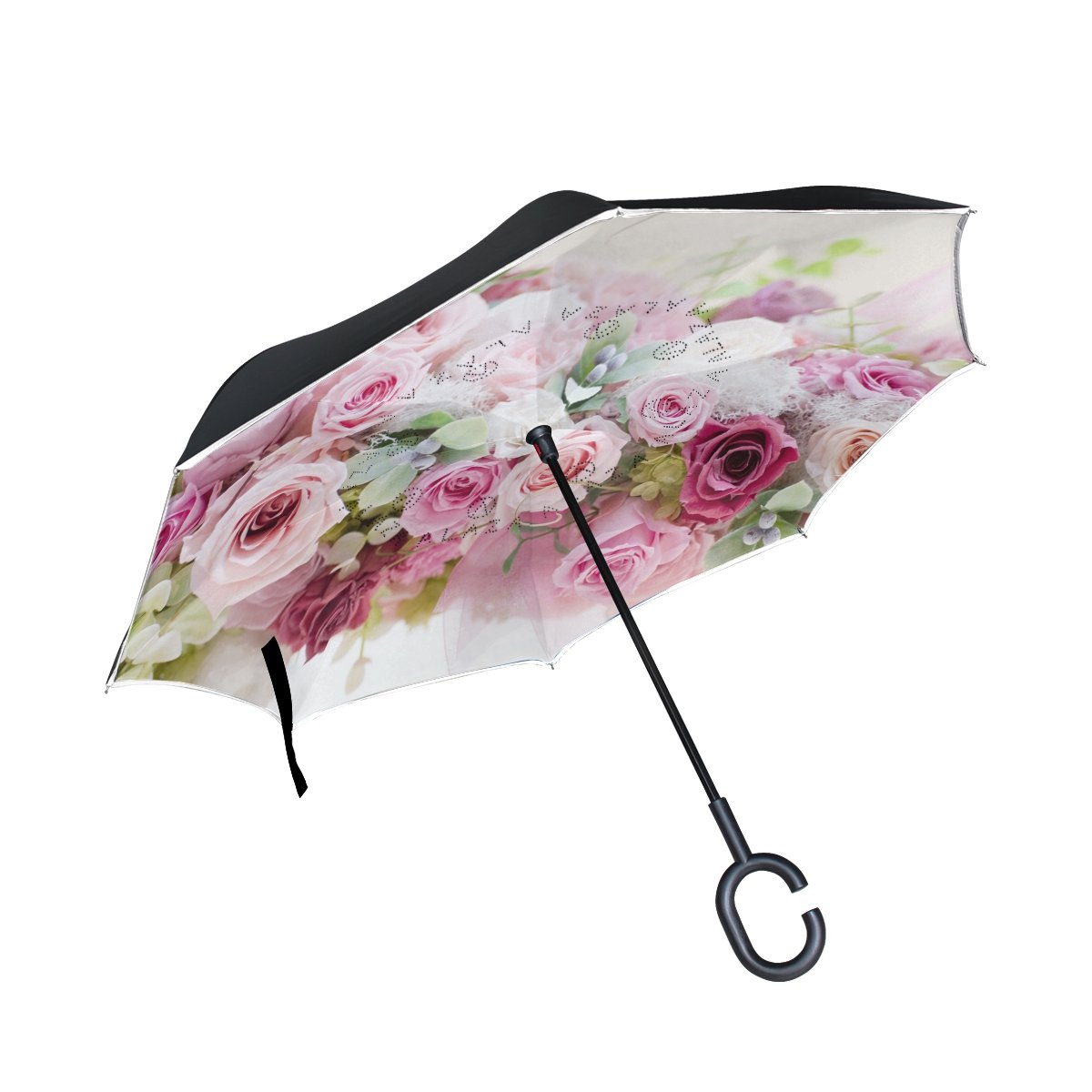ISAOA Large Inverted Windproof Umbrella Pink Roses,Double Layer Construction Reversed Folding Umbrella for Car Rain Outdoor Use,C-Shaped Handle Umbrell for Women and Men (White)