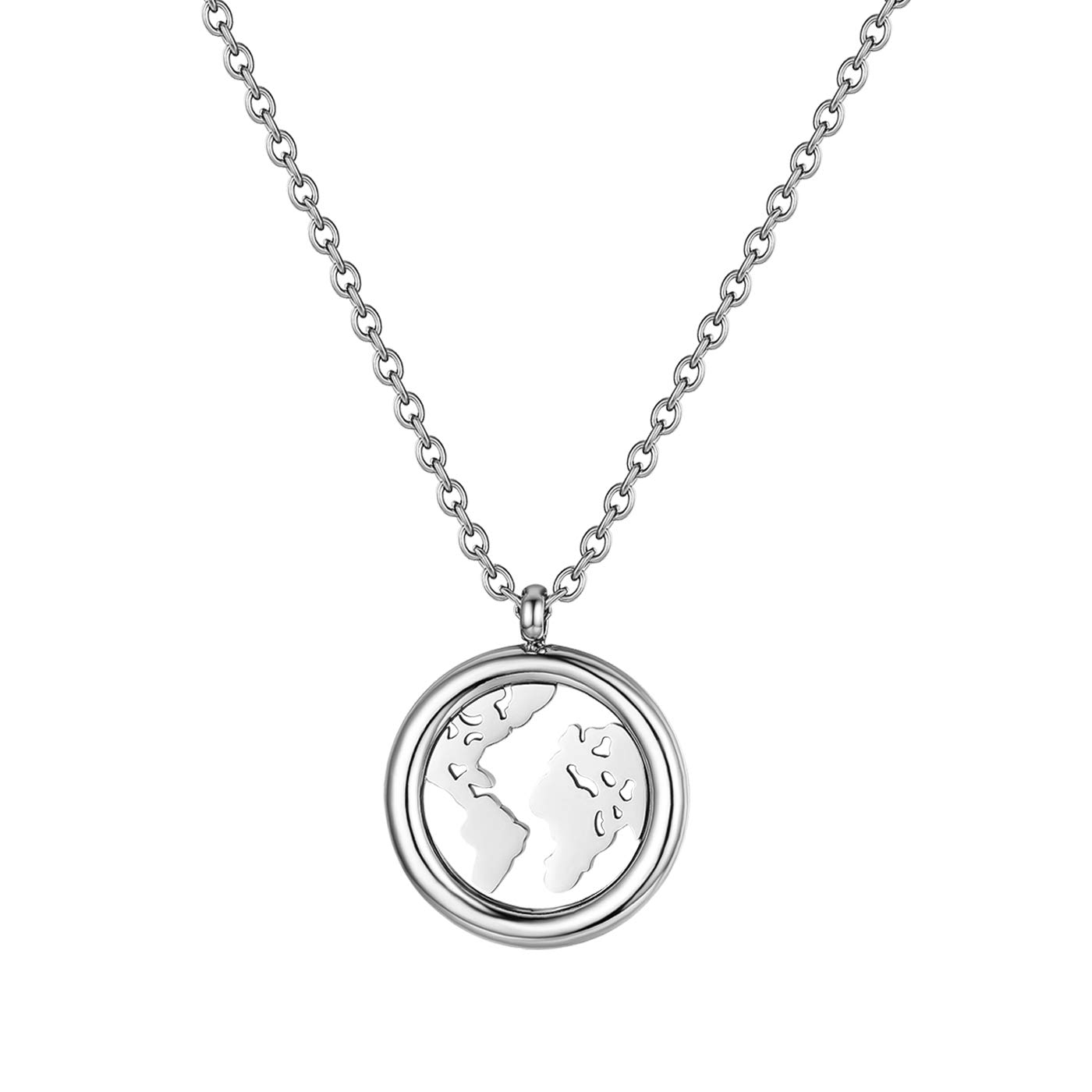 JewelryWe Fashion Map Necklace Round Tag Pendant with World Map Stainless Steel Necklaces for Women Girls(Silver)