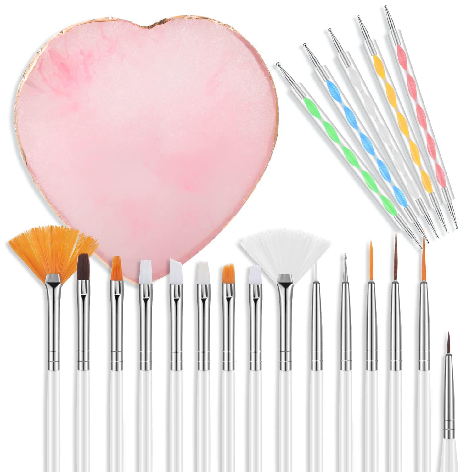 Heart Resin Nail Art Palette with 15 PCS Nail Art Brushes 5 PCS Nail Dotting Pens, Nail Art Painting Tools Nail Supplies for Manicure Salon Home