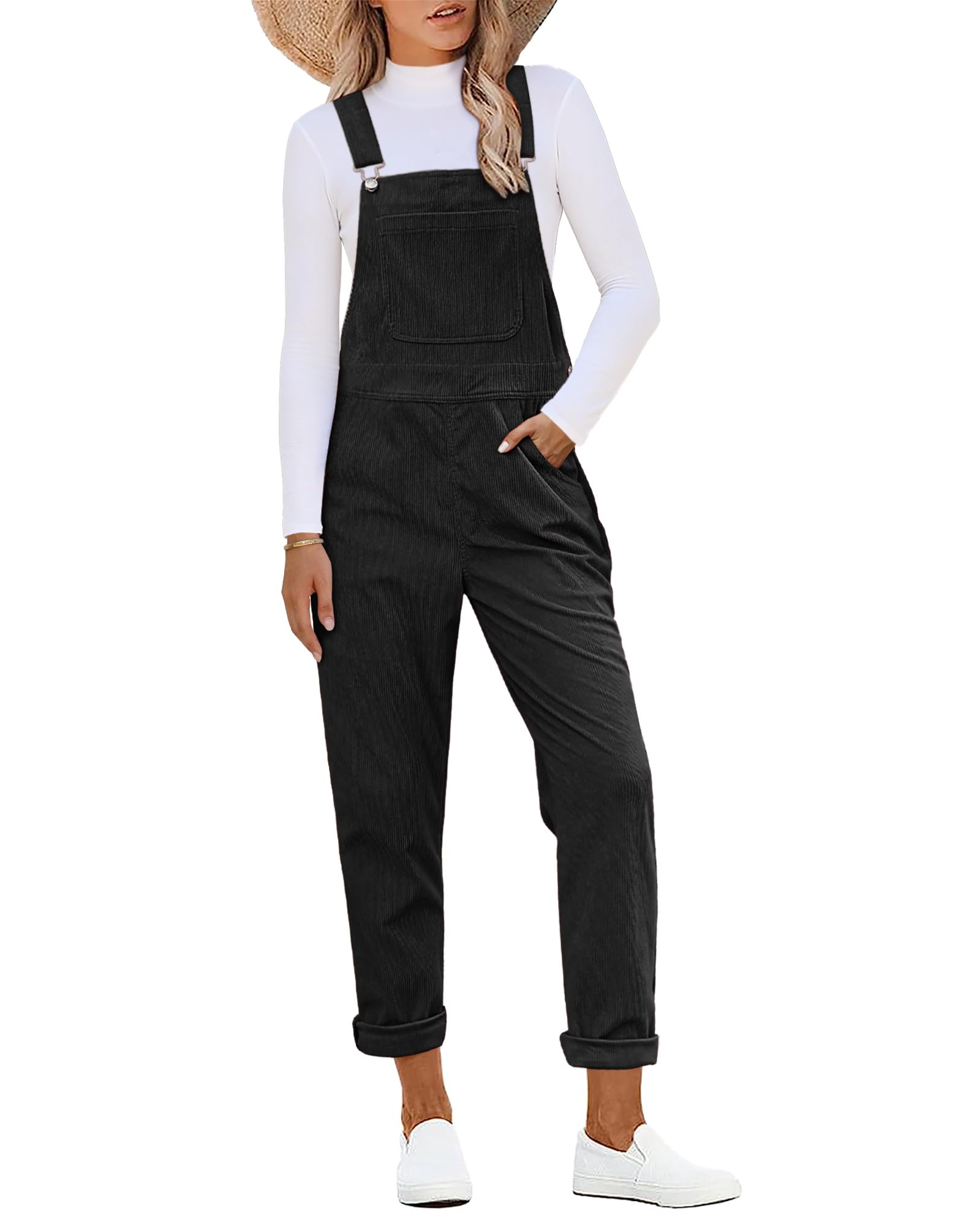 Photo 1 of luvamia Corduroy Overalls for Women Adjustable Straps Fashion Bib Overall Jumpsuit with Pocket Tapered Leg Trendy 90s Black Size Large Fits US 12-14