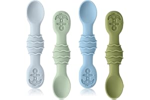 Qkie Silicone Baby Spoons, Baby Utensils for Infants Toddlers Self Feeding, Chew, First Stage Baby Led Weaning(BLW), Baby Feeding Essentials, Set of 4 Pack
