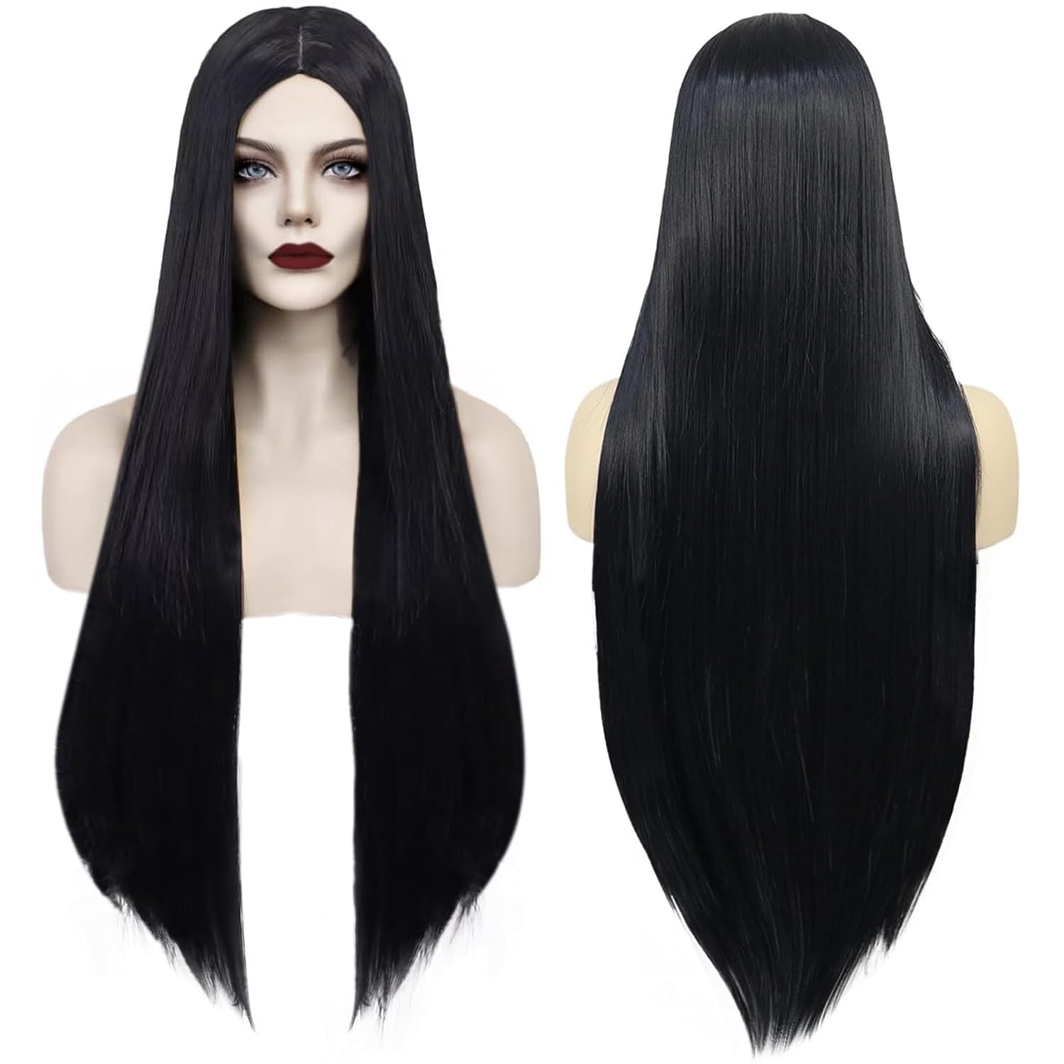 YEESHEDO Morticia Addams Costumes Cosplay Wigs Long Natural Straight Middle Part Natural Black Color Wig Heat Resistant Realistic Synthetic Daily Party Halloween Wig for Women