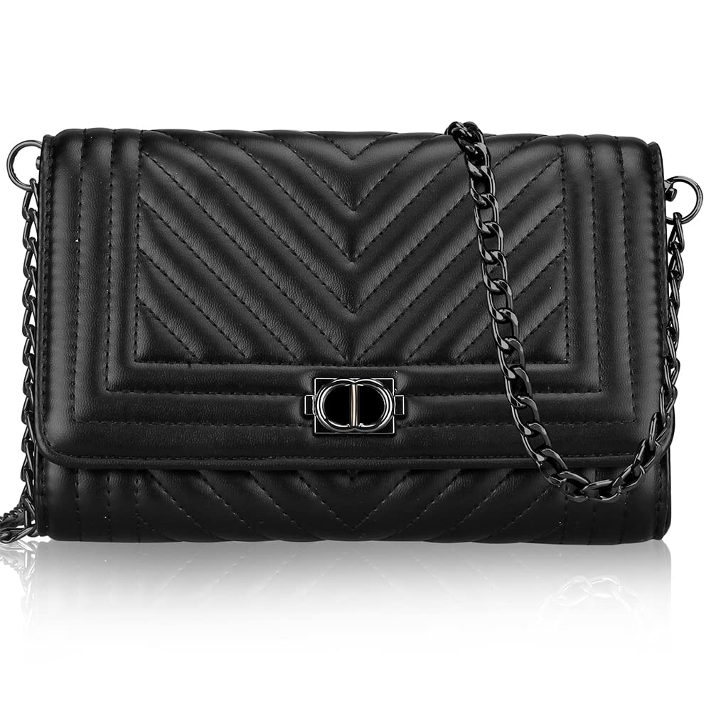 Small Leather Crossbody Bag for Women Black Quilted Purse Cross Body Phone Clutch Bag Chain Crossbody Purse Flap Bag