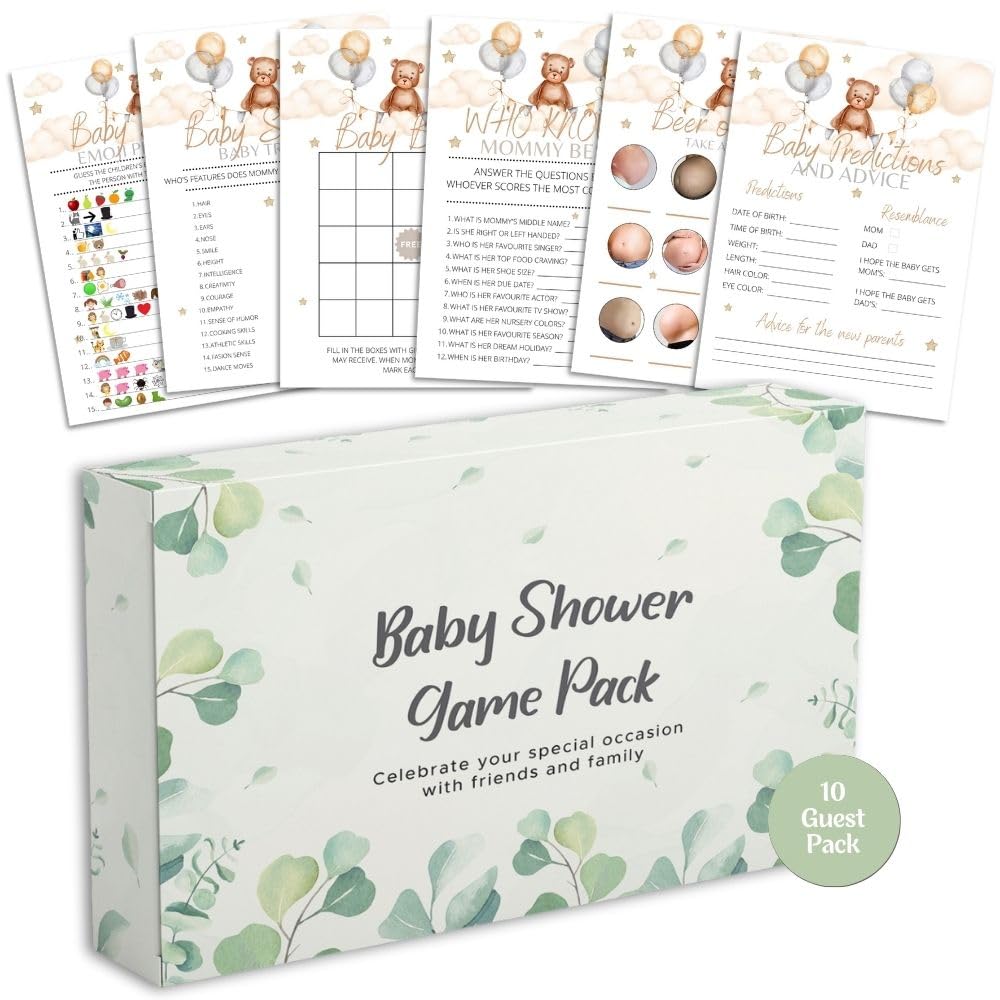 Baby Shower Games - 6 Game Bundle - Eucalyptus, Jungle, Safari, Baby Boy, Baby Girl - 10 Guests Pack (Teddy Bear) — image 1