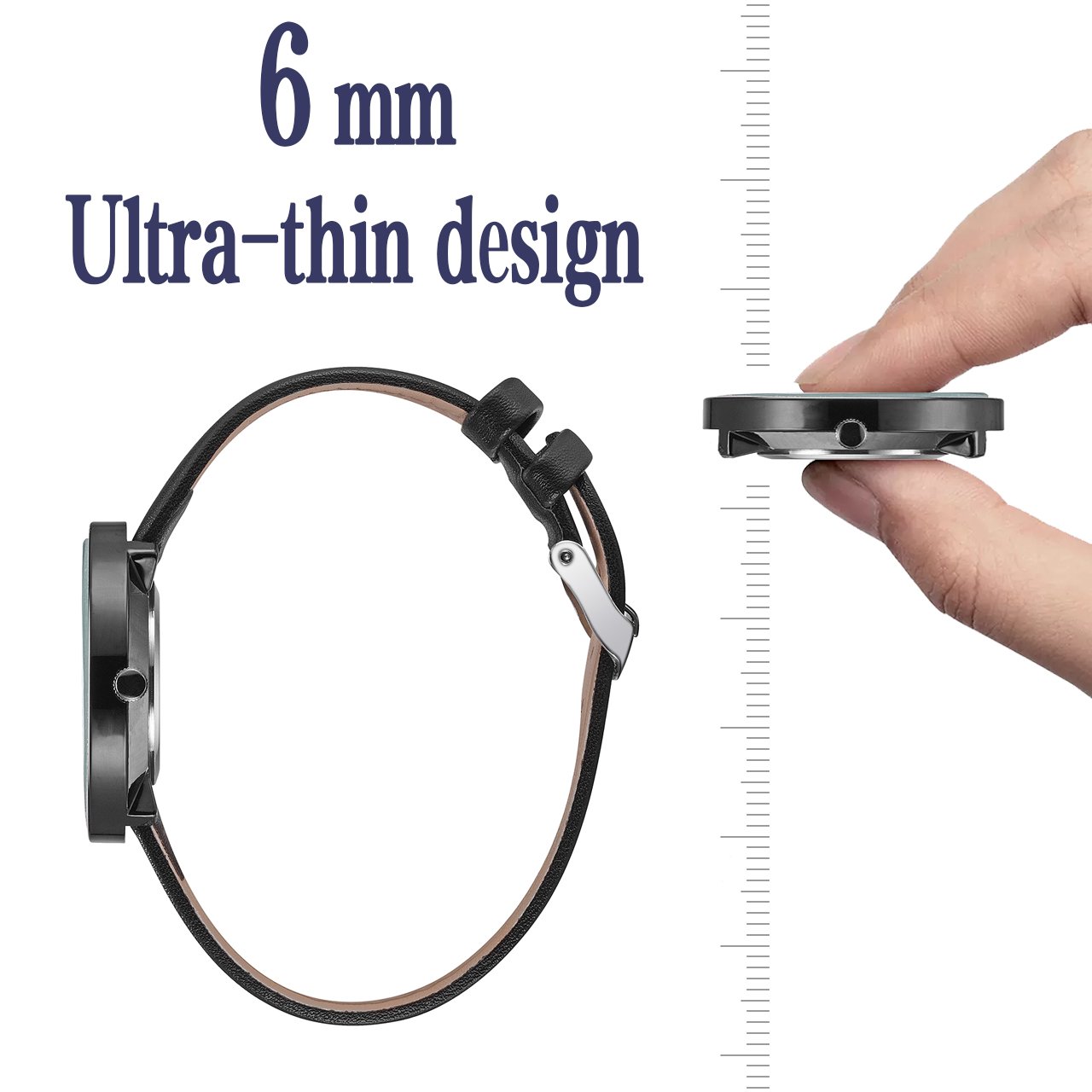 JSDDE Uhren,Elegant Armbanduhr Japanische Uhrwerk Ultra Dünn Gehäuse Gestreift Dial Lederband 3ATM Analog Qaurzuhr,Schwarz