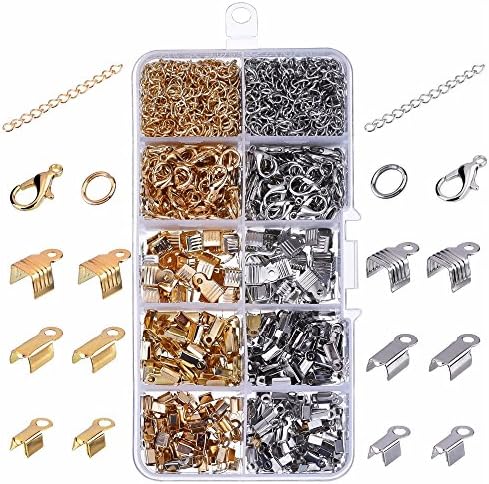 Jewelry Findings Kit Iron Fold Over Cord Ends Lobster Claw Clasps Jump Rings Extension Chains for Jewelry Making,1box