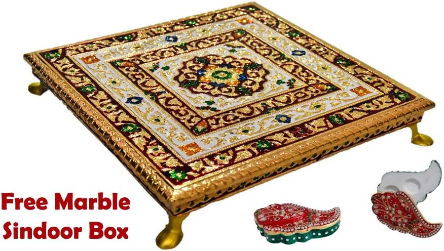 Ekam Art Marble Metal Chowki Ganesh Chaturthi Decoration Items, 12 x 12 x 2 Inch, Multicolour