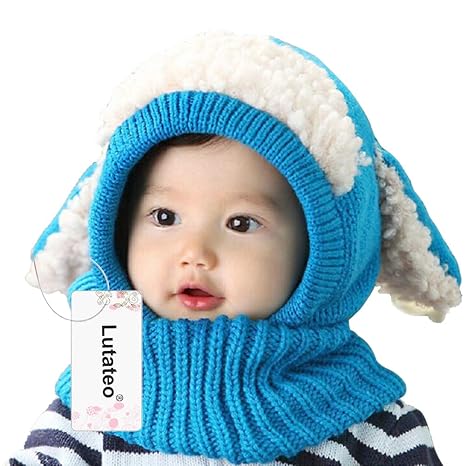 Unisex Baby Mütze, Strickmütze Warm Wintermütze, Earflap Hut Kappe Schnee Hut, Schlupfmütze Schalmütze Hündchen (Blau)