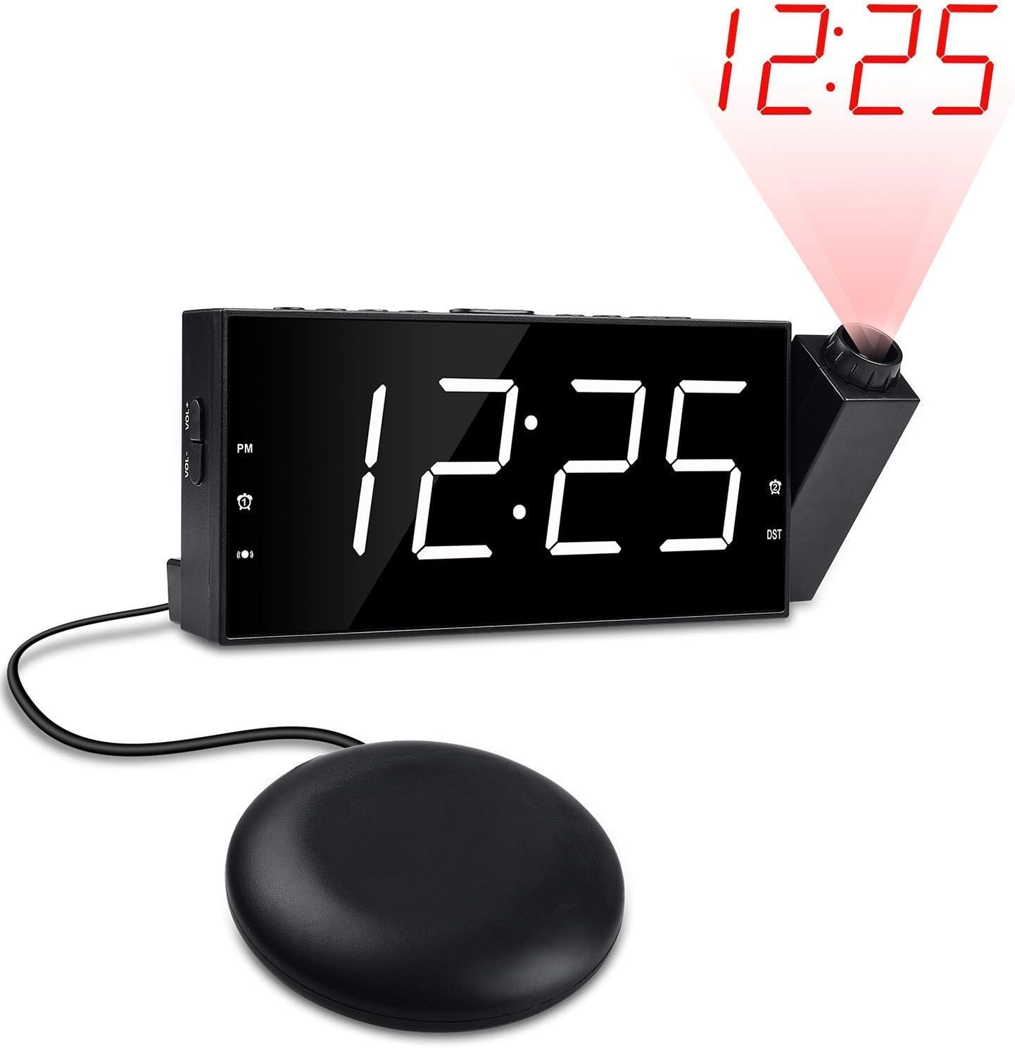 OnLyee Projection Digital Alarm Clock for Bedrooms | Dual Loud Alarm Clock with Bed Shaker | 7” Large Led Display with Dimmer | USB Charging Port and Battery Backup for Heavy Sleepers Kids, Elders