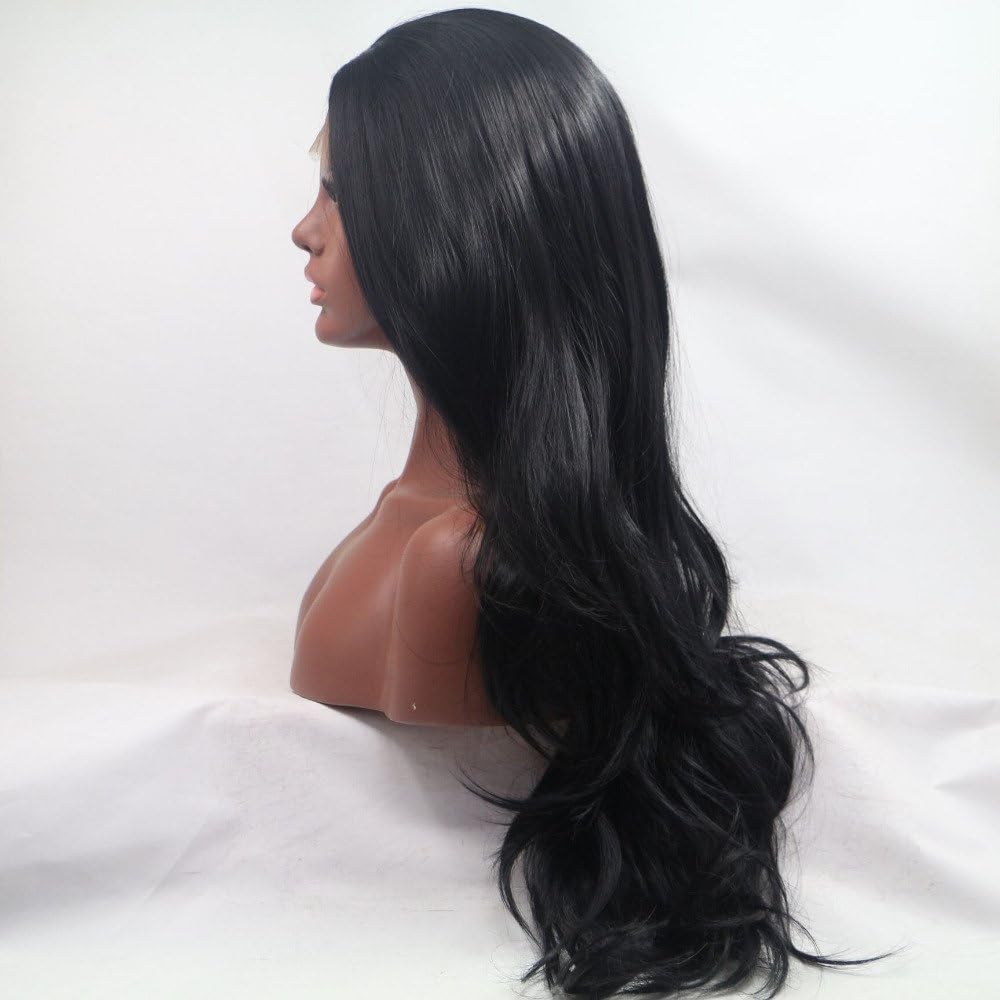 Xiweiya Black Lace Front Wig Black Natural Wavy Synthetic Lace Front Wig Heat Resistant Fiber Hair Natural Hairline Glueless Soft Wig - Image 3