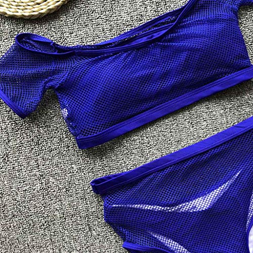 iYBUIA Sexy Mesh Summer Bikini Set Push-Up Pad Swimwear Bathing Beachwear Set Blue
