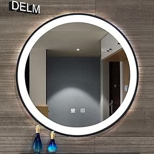 DELM espejo redondo con acabado negro, espejo de pared para baño con