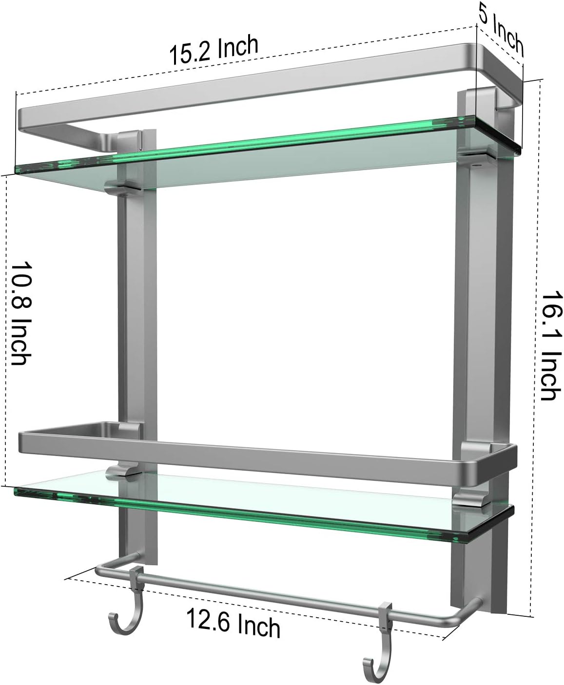 Vdomus Tempered Glass Bathroom Shelf, 2 Tier Shelf with Towel Bar Wall Mounted Shower Storage15.2 by 5 inches, Brushed Silver Finish (2 Tier Glass Shelf): Kitchen & Dining