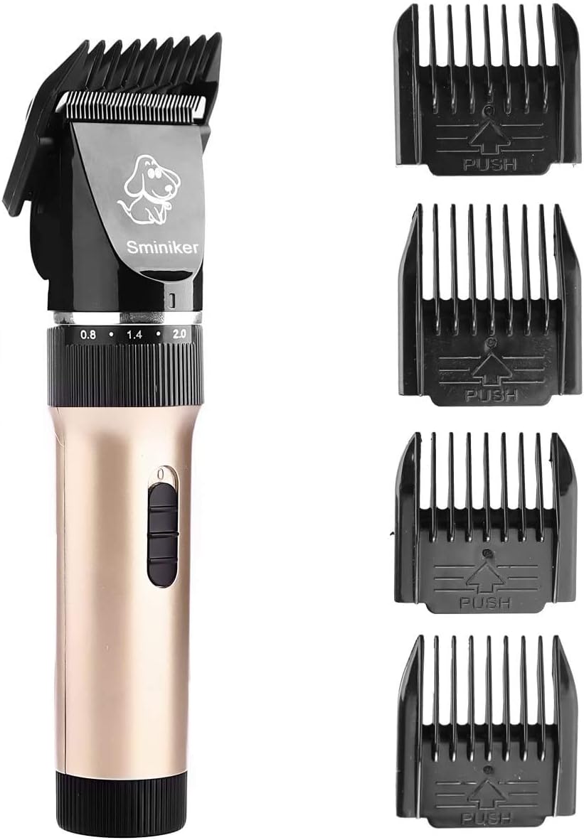 Sminiker Professional Low Noise Rechargeable Cordless Cat Dog Horse Clippers Professional Pet Clippers Grooming Kit, animal clippers Pet Grooming Kit(Gold)
