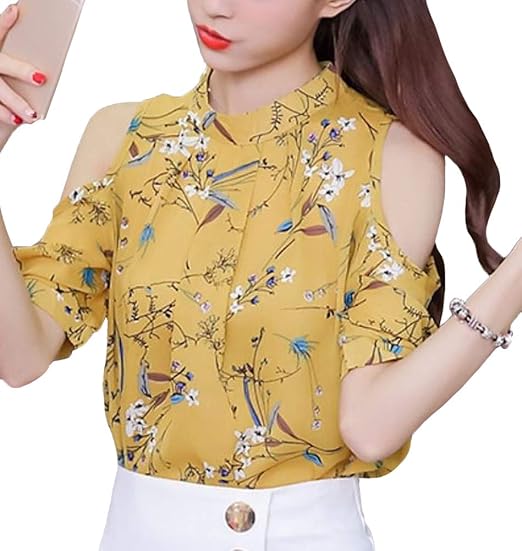 Amazon Heaven Days ヘブンデイズ ブラウス 半袖 五分袖 シャツ シフォン 丸襟 肩出し オフショルダー 花柄 ボタニカル柄 レディース 1908c0025 シャツ ブラウス 通販
