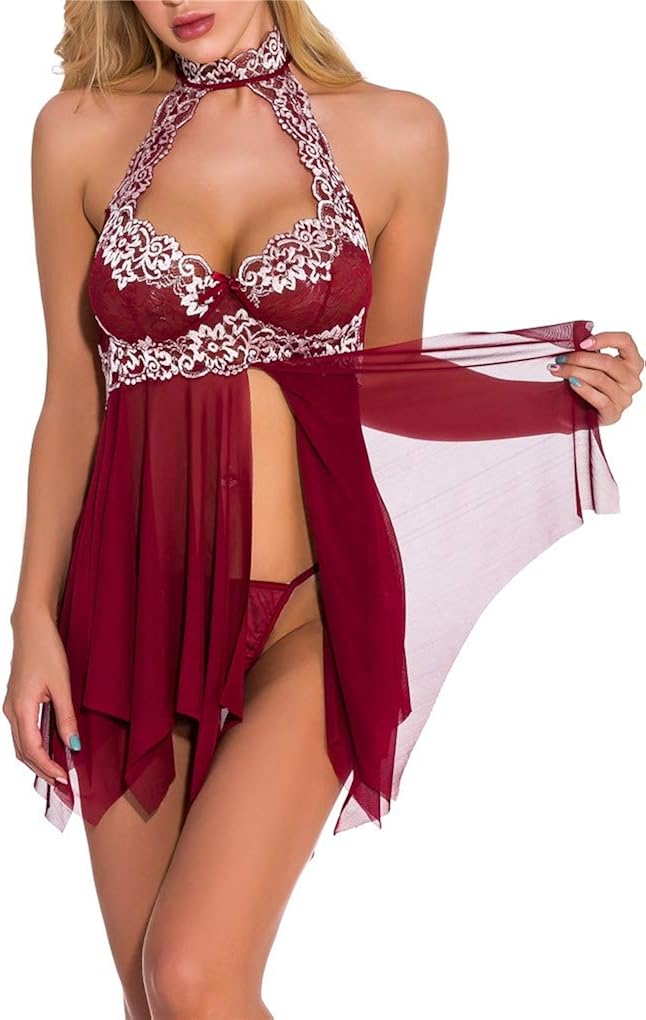 Fenxxxl Women's Plus Size Floral Lace Lingerie Bodysuit Off Shoulder Babydoll Chemises See Through Teddy Dress: Clothing