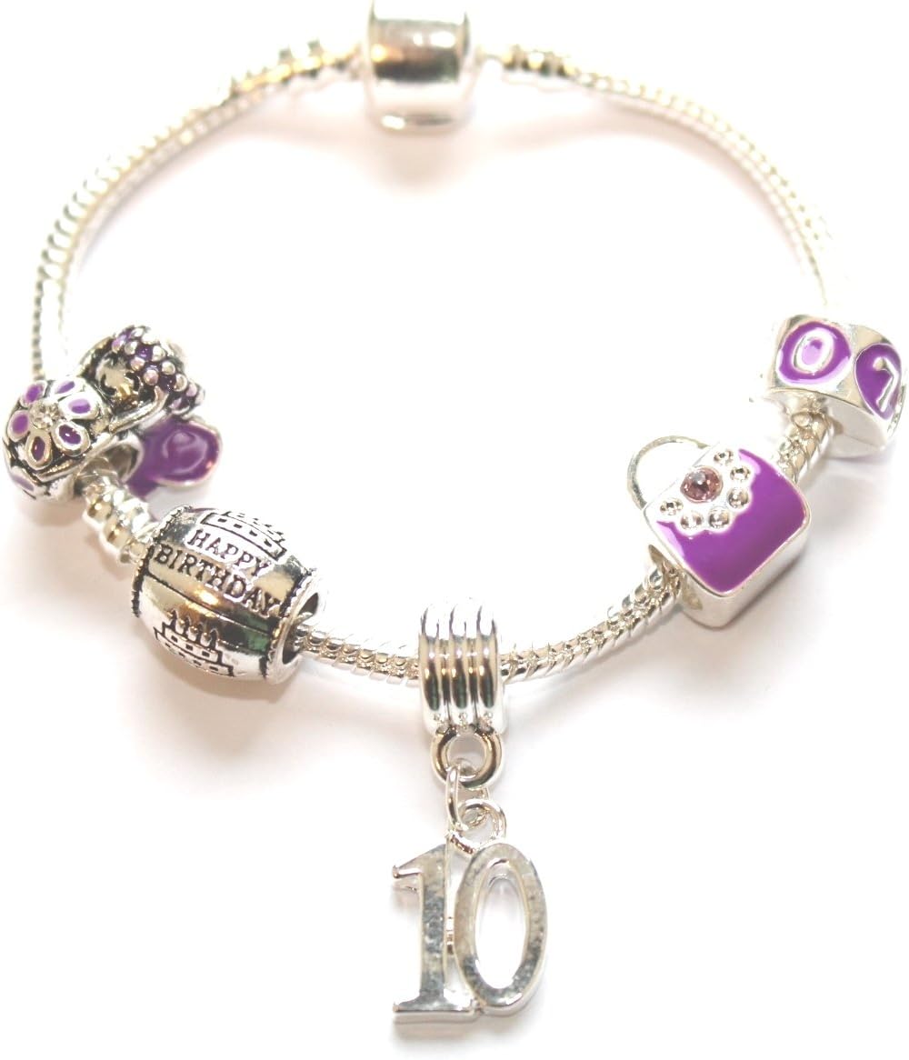 Liberty Charms Children's Purple Happy 10th Birthday Silver Plated Charm Bead Bracelet Girls Birthday Gift/Present. with Gift Box & Velvet Pouch. (Other