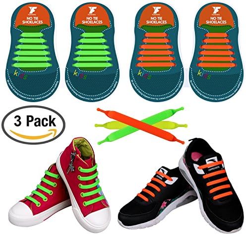 Fengyuan No Tie Shoe Laces for Kids and Adults, YUANFENG Waterproof Silicon Flat Elastic laces Athletic Shoes for Sneaker Boots Board Shoes and Casual Shoes(Kids, Orange+Green+Yellow)