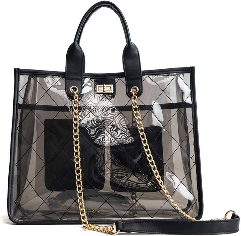 Women PVC Clear Quilted Shoulder Strap Transparent Bag Waterproof Chain Purse Handbag (Yellow)