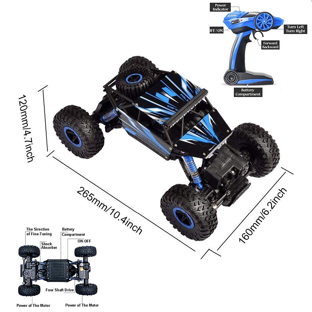 Cherry 2.4GHZ 1:18 Remote Control Car, 4WD RC Rock Crawlers Double Motors Drive Bigfoot Cars Climbing Off Road Vehicle Toy RC Car Blue Color