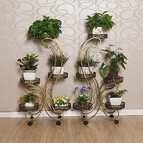 HOOPOO Flower Stands Iron Flower Stand Plant Ladder Pot Rack Floor Display Stand Metal Mobile Simple Balcony Living Room Interior Wheel, 60 * 108 Cm, 4 Colors (Color : Brass-2 pieces)