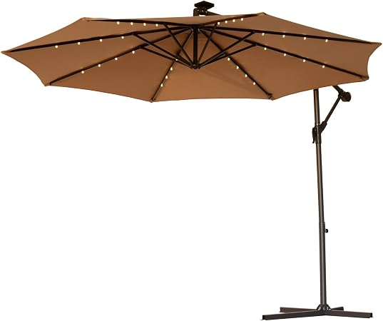 Outsunny 10 Steel Outdoor Offset Tilt Patio Umbrella With Solar Led Lights Latte Light Brown Amazon Co Uk Garden Outdoors