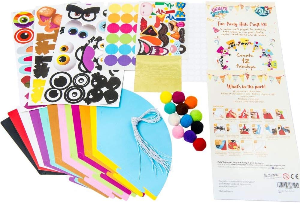 Fun Cone Hats Making Activity Kit – DIY Art & Craft Project Set w/ 12 Colorful Hats, Pompoms and Stickers. Enjoyable Indoor Family Time at Home. Party Celebration Kit for Kids Birthday, Spring Break, Easter, Christmas, Fiesta, Thanksgiving and New Year. Great as Handmade Decoration and Gifts, Group Activities, Game Supplies for Crafty Boys & Gir