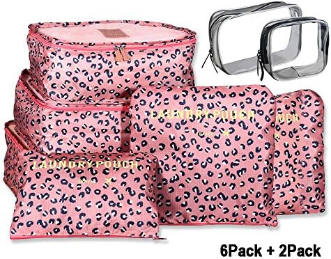 SINKDA 8-Pcs Packing Cubes - 6Pcs Travel Organizer Accessories Bags & 2Pcs TSA Approved Clear Travel Toiletry Bags (Pink Leopard Pattern)