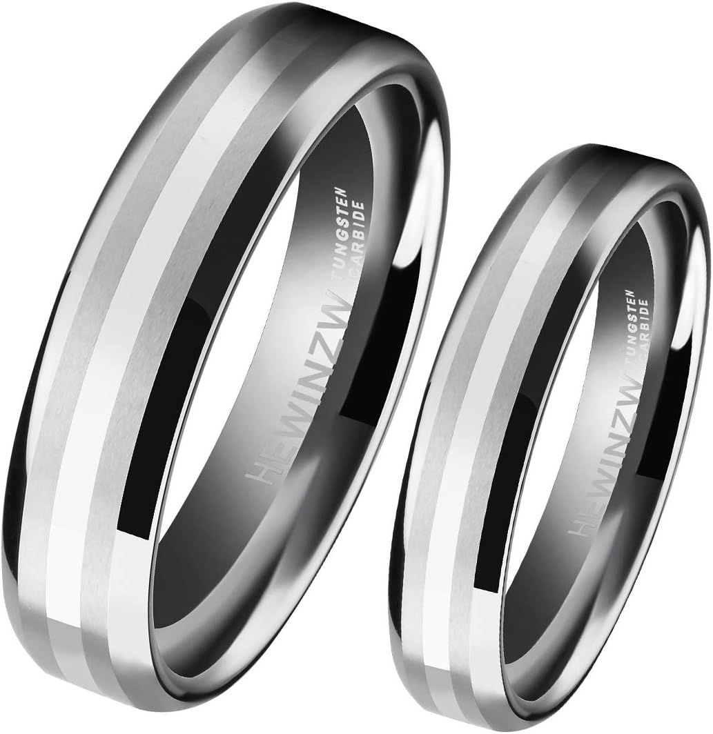 Tungsten Rings for His and Her Center 6mm/8mm Inlaid 14k White Gold Mens Womens Couple Wedding Band Comfort Fit
