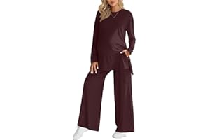 Sweetyweee Women's Maternity Lounge Sets 2 Piece Outfits Long Sleeve Side Slit Shirts Casual Wide Leg Pants with Pockets