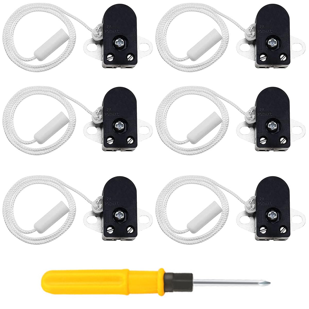 Acmerota 2 Amp Pull Cord Switch, ON/Off 2 Hole 2A 250V Side Action Shower Mini Recessed for Bathroom Toilet Ceiling Fan Wall Light (6 Pack)