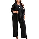 Plus Size 3 Piece Floral Embroidered Pantsuit Set Women Mother of Bride Wedding Guest Formal Evening Cocktail Party Attire
