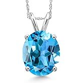 Gem Stone King 14K White Gold Swiss Blue Topaz Pendant Necklace for Women | 6.30 Cttw | Gemstone November Birthstone | Oval 12X10MM | With 18 Inch Chain